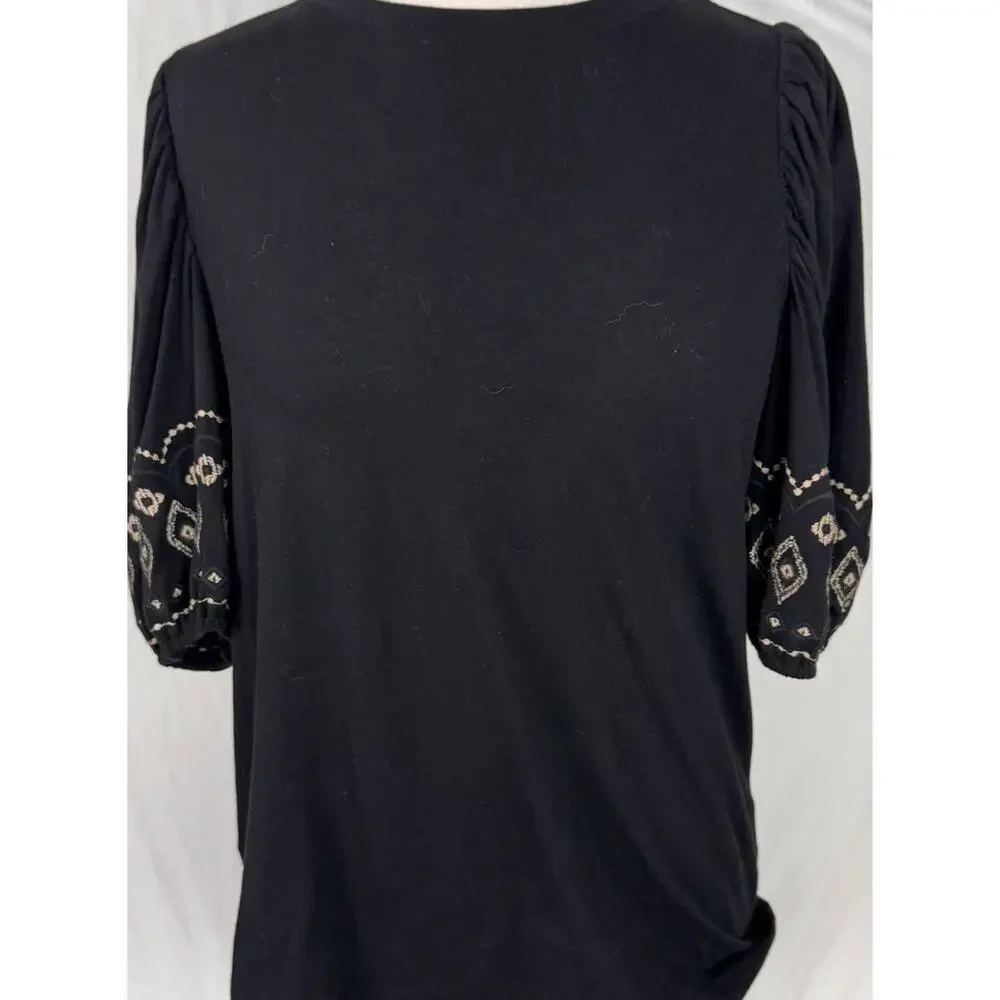 LOFT Womens Medium Black Puff Sleeve Top 100% Cotton